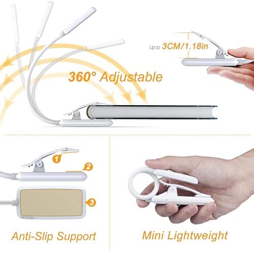 Gritin 9 LED Rechargeable Book Light for Reading in Bed -Eye Caring 3 Color Temperatures,Stepless Dimming Brightness,80 Hrs Runtime Small Lightweight Clip On Book Reading Light for Studying-White thumbnail 5