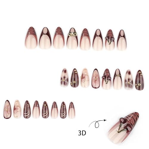 Cherry Press on Nails Almond Medium Fake Nails 3D Brown Flower False Nail Designs Leopard Print French Tip Artificial Nails Full Cover Handmade Acrylic Stick on Nail for Women 24 Pcs thumbnail 2