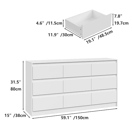 Furniouse Modern 9 Large Storage Drawers Dresser for Clothes Organizer, White Modern Chest of Drawers for Closet, 60" Long Drawer Organizer Cabinet for Bedroom,Living Room,Entryway,Hallway thumbnail 2