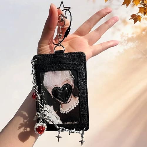 kavuipop K-pop Photocard Holder Keychain with Punk Style Charms, Hard Protective Card Case,Chain Decoration, Black and White, 2 pcs thumbnail 5