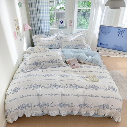 HOLY HOME Floral Print Ruffled Duvet Cover Set with Pillow Shams 3Pieces Elegant Princess Bedclothes (Bluerose, Twin) thumbnail 6