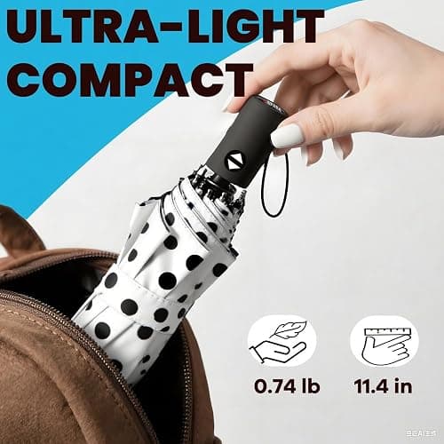 SIEPASA Windproof Travel Compact Umbrella-Automatic Umbrellas for Rain- Small Portable Windproof Umbrellas for Men Women Teenage. (White Polka Dots) thumbnail 4
