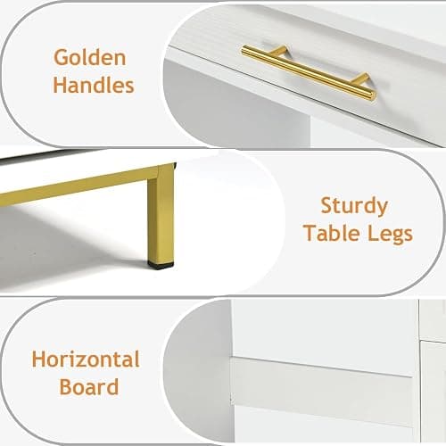 4 EVER WINNER White Desk with Drawers and Golden Handles, 43" Home Office Desks with Drawers, Computer Wrighting Table with Storage for Bedroom, White and Gold Desk thumbnail 4