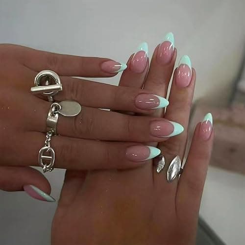 30Pcs Mint Green Press on Nails French Tip Fake Nails Short Almond Shape Acrylic False Nails Natural Artificial Glue on Nails Press on Nude Pink Stick on Nails DIY Art for Women Girls - Image 1
