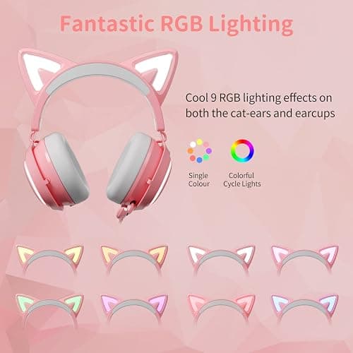 EASARS Pink Gaming Headset GS510, Wired, Over Ear, Cat Ear Design with RGB Lighting, 7.1 Surround Sound, Retractable Mic, Compatible with PC, PS4, PS5 thumbnail 2