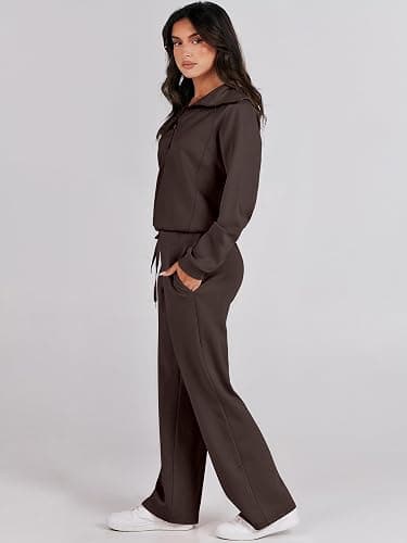 ANRABESS Women 2 Piece Outfits 2025 Fall Fashion Airport Wide Leg Pants Lounge Set Leisure Travel Vacation Clothes Sweatsuits thumbnail 3