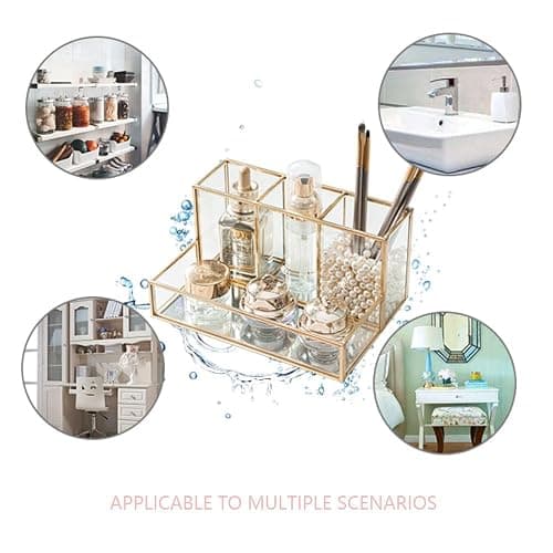 HARLIANGXY Makeup Organiser, Glass Makeup Brush Holder, Makeup Brush Pot, Cosmetic Organizer, Desktop Storage Box, Perfume Organiser for Dressing Table, Bedroom, Washroom - Gold thumbnail 7