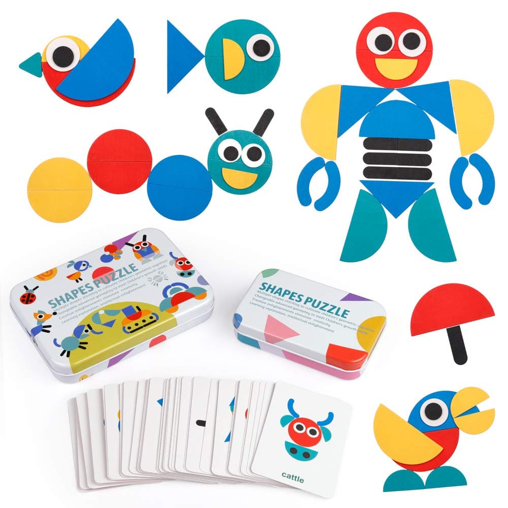 Coogam Wooden Pattern Blocks - Tangram Shape Puzzle Set Color Sorting Stacking Game Wood Animal Jigsaw Preschool Montessori Brain Teaser STEM for 3 4 5 Years Old Toddler Kid (60 Pattern Cards) - Image 1