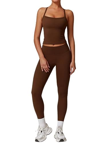 QBGJTD Womens Workout Sets Two Piece Cross Back Tank Top Matching High Waist Leggings Sets Gym Outfits Work Out Clothes - Image 1