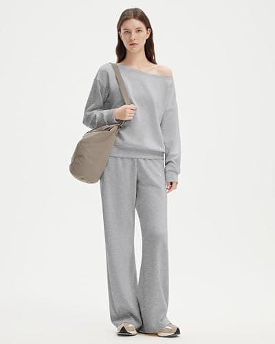 SUUKSESS Women 2 Piece Lounge Matching Set Off Shoulder Sweatshirt Wide Leg Sweatpant thumbnail 6