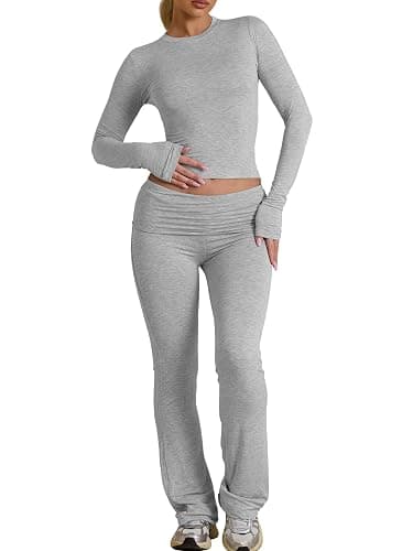 BORIFLORS Women's Workout 2 Piece Lounge Sets Long Sleeve Tops Foldover Flare Pants Casual Outfits Tracksuit - Image 1