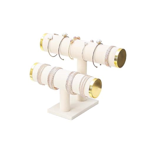Justsoso 2 Tier Bracelet Holder Stand, Bangle Watches Display, Velvet Bracelet Jewelry Storage Organizer Rack, Hairband Scrunchie Show Tower Shop Selling or Home Use (Beige) thumbnail 4