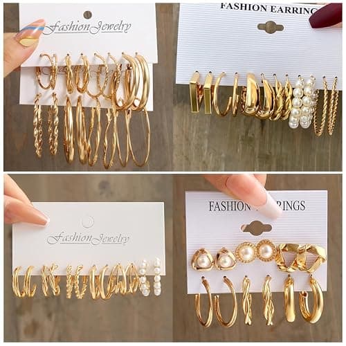 41Pairs Gold Hoop Earring Sets for Women, Fashion Chunky Pearl Earrings Multipack Twisted Statement Earring Pack Small Pearl Earrings for Gift ﻿ thumbnail 6