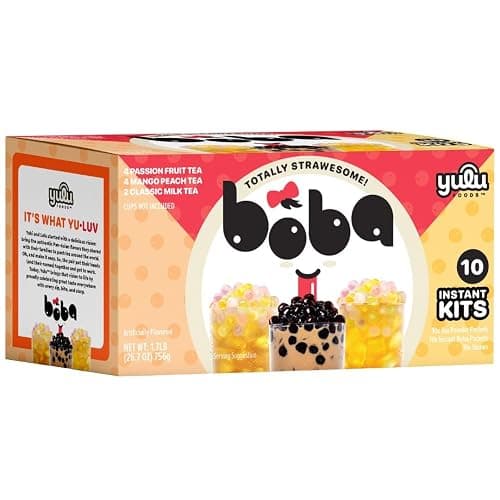 Boba Bundle Kit 10 Serv. Instant Bubble Pearl Variety Milk Tea Kit with Authentic Brown Sugar Tapioca Pearls by Yulu Foods - Ready in Under 1 Minute, Includes Paper Straws - Gift Box, Holiday (Classic, Mango Peach, Passionfruit) - Image 1
