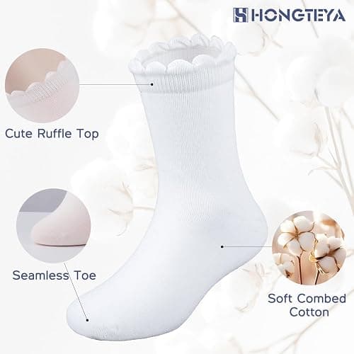 HONGTEYA 6 Pairs Girls White Ruffle Socks School Uniform Dress Socks for Kids Seamless Crew Ankle Cotton Size 2-14 Years thumbnail 5