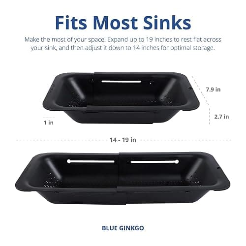 BLUE GINKGO Over the Sink Colander Strainer Basket - Wash Vegetables and Fruits, Drain Cooked Pasta and Dry Dishes - Extendable - New Home Kitchen Essentials (Black, 1 Pack) thumbnail 2