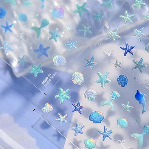 Beach Nail Stickers Seashell Starfish Mermaid Dolphin Nail Decals with Shell Light Design - Blue Summer Stickers for Nails Self Adhesive Nail Art Supplies & Decorations for Women Girls 1 Sheet thumbnail 5