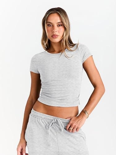Trendy Queen 2 Piece Matching Summer Sweatsuit Lounge Set Womens Wide Leg Pants Side Ruching Crop Top Sets - Oatmeal Grey - Small thumbnail 5