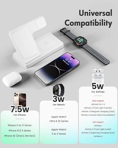 Wireless Charger Charging Station: 3 in 1 Charger Stand Multiple Devices for Apple - iPhone 17 16e 16 15 14 Pro Max 13 12 11 - Watch 10 9 8 7 6 5 4 3 2 SE and Ultra Series - Airpods 4 3 Pro, White thumbnail 2
