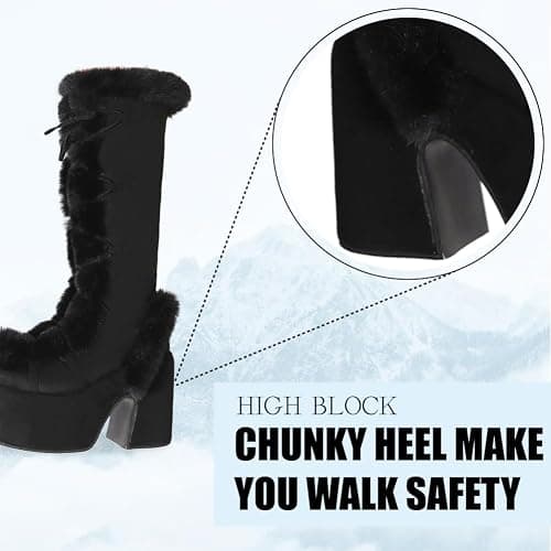 CELNEPHO Knee High Boots For Womens Side Zipper Warm Faux Fur Platform Chunky Heel Punk Goth Walking Winter Snow Boots thumbnail 8