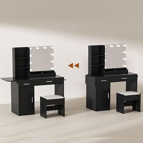 ERLEJIA Vanity Desk with Mirror and Lights, 39.37" 4 Drawers Makeup Desk Without Stool, Extra Foldable Desk with 3 Open Shelves Make Up Table for Girls and Ladies Bedroom, Black thumbnail 7