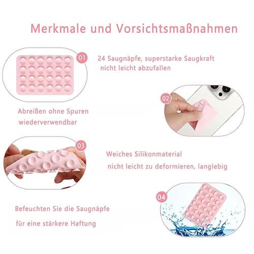 4 Stück Handy Saugnapf，Silikon Saugnapf Handy，Handy Kleber Rückseite，für Mobile Stromversorgung Handys Selfies und Videos (Schwarz Weiß Rosa) thumbnail 7