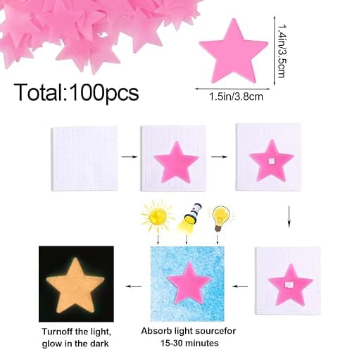 AM AMAONM 100 Pcs Pink Glow in The Dark Luminous Stars Fluorescent Noctilucent Plastic Wall Stickers Murals Decals for Home Art Decor Ceiling Wall Decorate Kids Babys Bedroom Room Decorations thumbnail 4