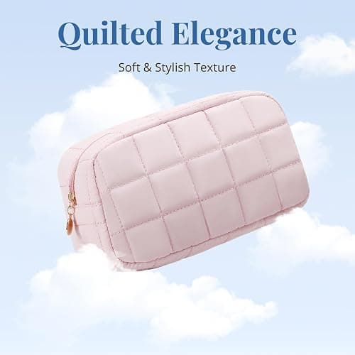 LOVELYWIND Makeup Bag for Women, Travel Cosmetic Bag Organizer with Compartments, Quilted Puffy Toiletry Pouch for Brushes, Essentials and Accessories, Pink thumbnail 2