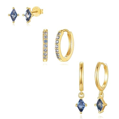 Angelady Gold Hoop Earrings Set for Women, Dainty 14K Gold Plated Huggies Earring, Sterling Silver Hypoallergenic Cartilage Earrings, Trendy Earring Stacks for Multiple Piercing Jewelry Gift(3 Pairs) - Gold,Blue CZ thumbnail 9