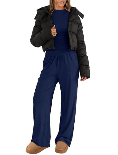 Sampeel Two Piece Lounge Set for Women 2 Piece Fall Outfits 2025 Mock Neck Ruched Tops Wide Leg Pants Travel Airport thumbnail 5