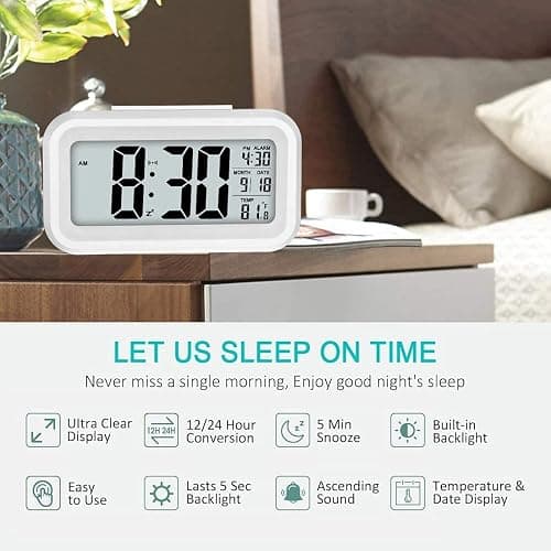 KAIJIELY Upgraded Digital Alarm Clock, 4.3" LED Display with Temperature Larger Lound Light Control Portable Snooze Calendar Brightness with Battery Powered Alarm Clocks Bedside for Everyone (White) thumbnail 4