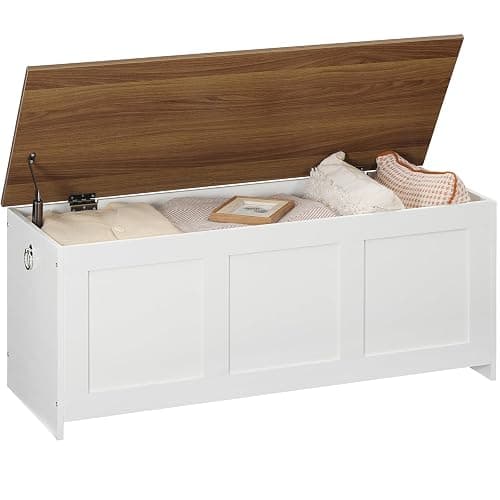 HOOBRO Storage Bench, 39.3" Retro Wooden Storage Chest, Wooden Storage Trunk, Toy Chest with Lift Top, Multifunctional Entryway Organizer, for Entryway, Living Room, White and Walnut WH141CW01 thumbnail 8