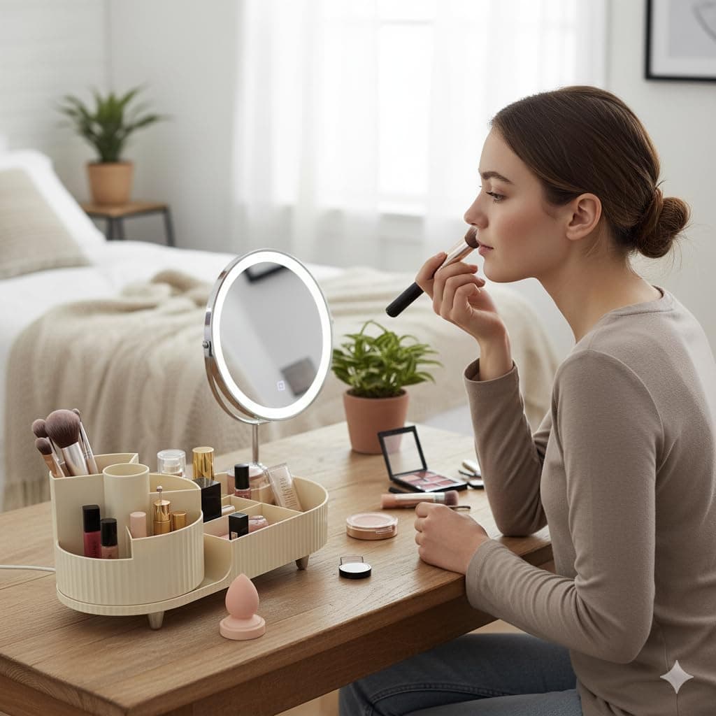 Makeup Organiser, Makeup Table Organiser, 360 Degree Rotation and 2-in-1 Compartment, Cosmetic Organiser for Dressing Table, Bathroom, Makeup Organizer, Bathroom Organiser, Skincare Organiser (Beige) thumbnail 2