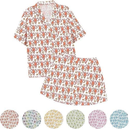 Summer Pajamas For Girls, Roller Dupes Rabbit Preppy, 2 Piece Button Down Monkey Bunny Shorts Set thumbnail 7