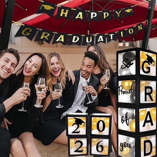 2026 Graduation Party Decoration Black Balloon Boxes with Letters 2026 Grad & So Proud of You and 20 pcs Ballons thumbnail 4