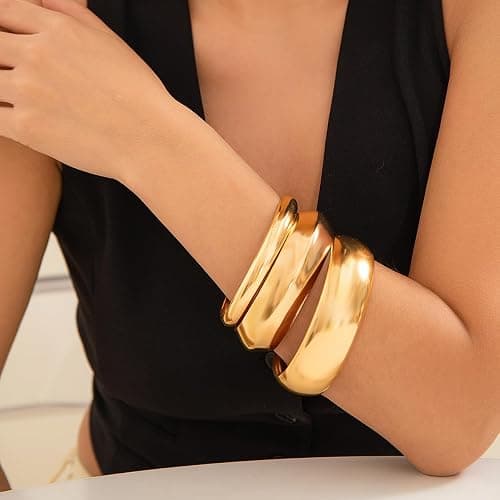 Inactwin 3PCS Chunky Gold Bangle Bracelets for Women Trendy Wide Wrist Cuff Bracelets Stack Statement Bangle Fashion Jewelry Gift thumbnail 2