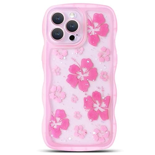 NITITOP Compatible with iPhone 12 Pro Max Case Cute Clear for Women Girls Flower Floral Bling Glitter Sparkling Star Wave Curly Frame Soft TPU Shockproof Camera Protective Cover - Pink - Image 1