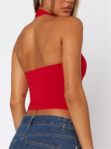 ForeFair Women Halter Neck Backless Crop Top  Y2K Sleeveless Tank Top Open Back Slim Fit Tops thumbnail 4