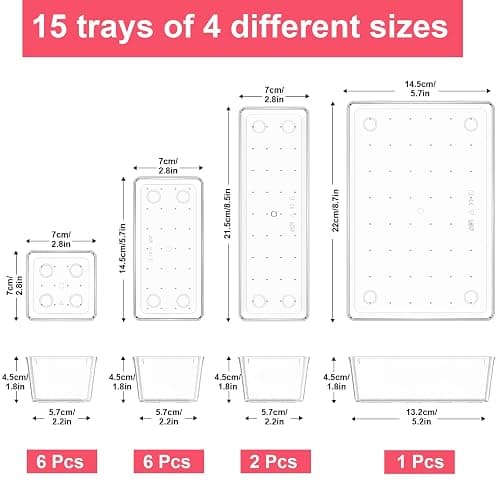 Comfylichi 15 Piece Clear Plastic Drawer Organizers Set - 4 Sizes Bathroom & Dresser Storage Bins, Stackable Kitchen Desk Organizer Trays for Makeup, Jewelry, Utensils, Junk, Gadgets thumbnail 2