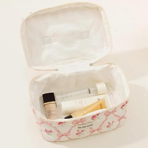 BILIPOPX Cute Makeup Bag Aesthetic Floral Quilted Cotton Cosmetic Bag Travel Organizer Toiletry Pouch 3 Pack Set (01Pink Bow) thumbnail 5