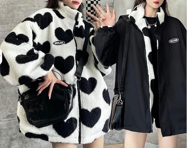Sumleno Women's Fleece Sherpa Jackets Reversible Kawaii Heart Print Fuzzy Zip Up Cutecore Coats Aesthetic Y2k Gyaru Clothes thumbnail 2