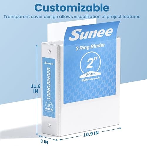 SUNEE 3 Ring Binder 2 Inch 2 Pack, Clear View Three Ring PVC-Free (Fit 8.5x11 Inches) for School or Office Supplies, White thumbnail 2