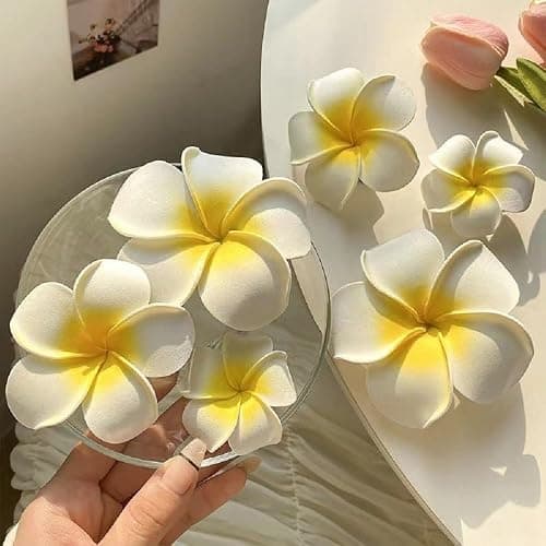 Geettcaifu 4 Pcs 7cm Hawaiian Frangipani Plumeria Foam Hair Clips, Head Flower Party Beach Hair Clips - White and Pink thumbnail 2