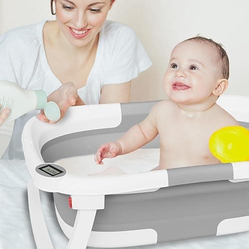 napei Collapsible Baby Bathtub,Baby Bath Tub with Soft Cushion & Thermometer,Baby Bathtub Newborn to Toddler 0-36 Months,Portable Travel Baby Tub - Bath Tub Pro - Gray thumbnail 2