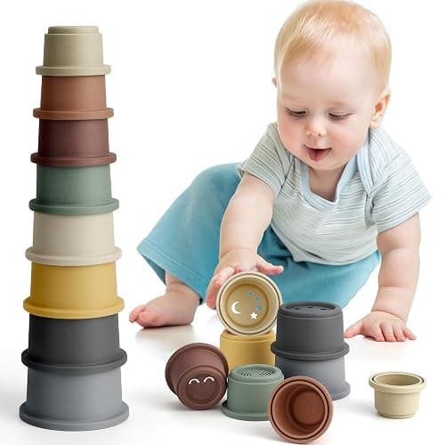 BOBXIN Stacking Cups Baby Building/Bathtub/Beach Toy, Nesting Cup Early Educational Montessori Toddlers Stacking Toy, 8 Pcs with Numbers & Pattern, Fun for Kid Baby 6-12 Months Play for Indoor/Outdoor - Image 1