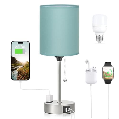 Small Bedside Table Lamp for Bedroom - Desk Lamp with USB Ports for Dorm | USB A+C Ports, AC Outlet, 3 Color Temperatures, LED Bulb Included, Teal Fabric Shade, Sleek Silver Base, 14" Night Stand Lamp thumbnail 7