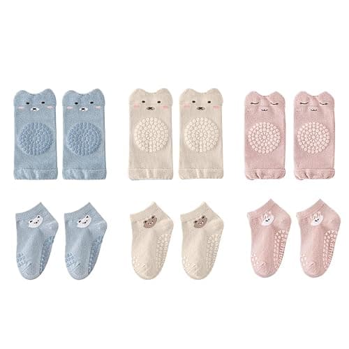 BUOKSLLY 3 Paar Anti Rutsch Socken & 3 Paar Knieschoner Baby, Unisex, Alter 0-24 Monate, Pink, blue, khaki, Cartoon Muster, Baumwolle, Rutschfest, Schtzend, Komfortabel, Ideal als Geschenk - Image 1