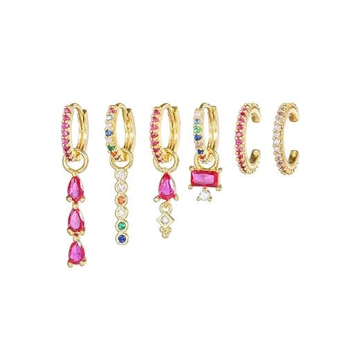 6pcs Gold Hoop Earring Stacks For Women Dainty Colorful Cubic Zirconia Huggie Earrings 18k Gold Hoop Earrings Cartilage Stud Earring Sets For Multiple Piercing - Image 1