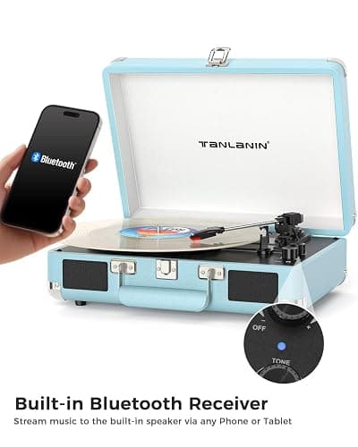 Bluetooth Suitcase Record Player with Built‑in Speakers, Bass & Treble Control, 3‑Speed Belt‑Drive Turntable with Auto‑Stop, RCA & AUX Output, Portable Vinyl Player for 33 45 78RPM LPs thumbnail 6