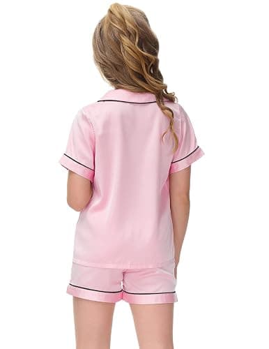 Veseacky Unisex Satin Pajamas Set Boys Girls Silk Pjs Short Sleeve 2 Piece Sleepwear Button-Down Kids Nightwear(4-13T) thumbnail 4